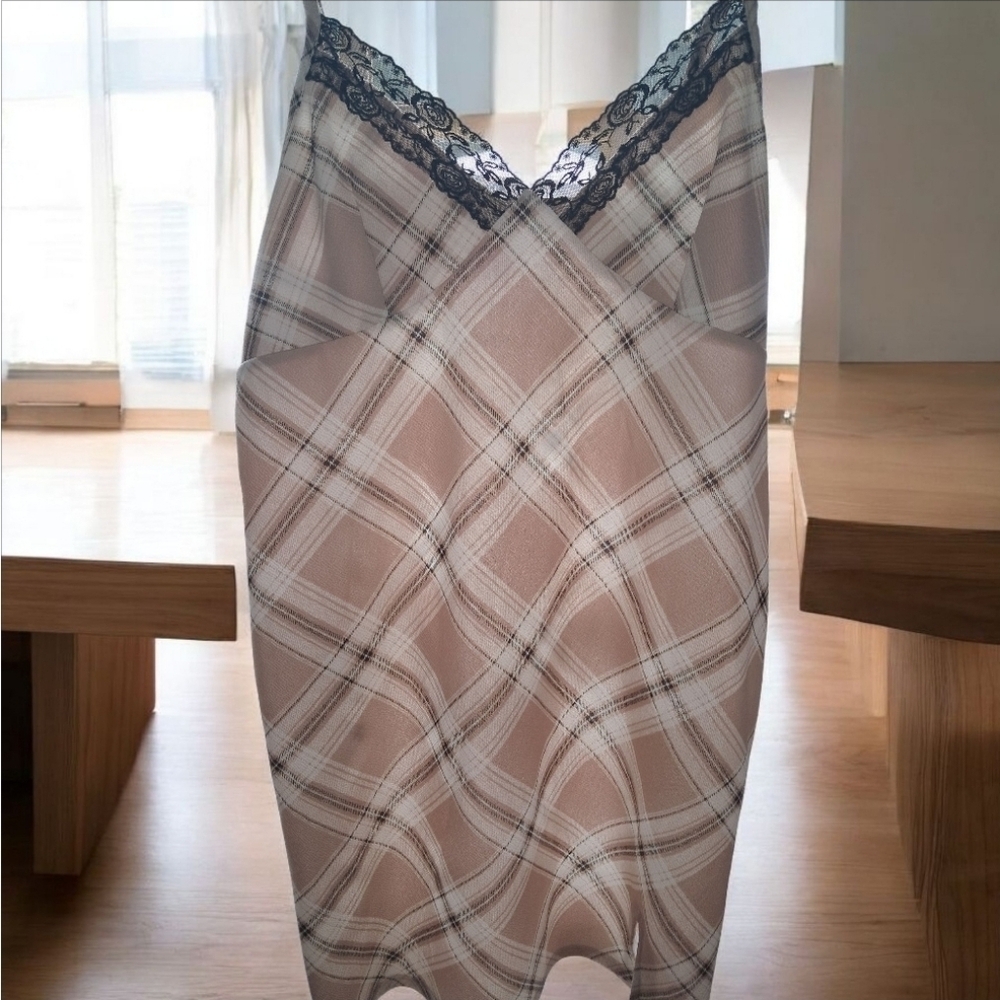 Plaid Lace Trim Slip Dress NWOT
